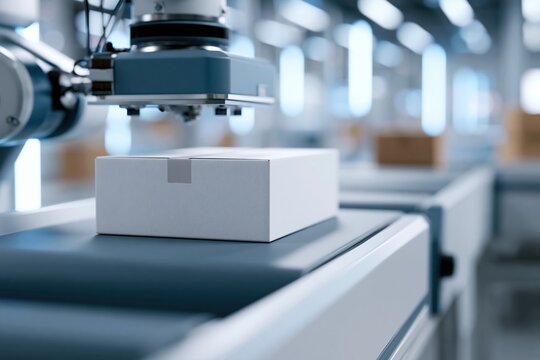 Automated Packaging in a Modern Factory: A robotic arm meticulously places a white box onto a conveyor belt in a brightly lit, contemporary manufacturing facility.