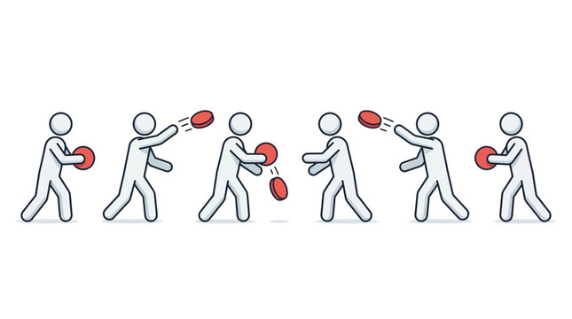 A series of stick figures passing red circular objects in a sequence.