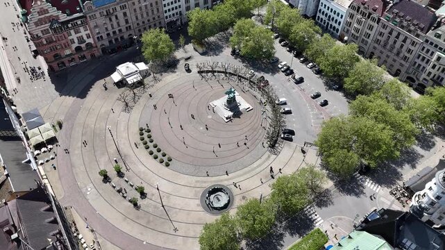 Drone shot of  Stortorget (The Main Square) in Malmo, Sweden