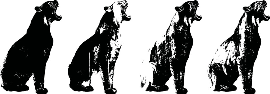 four silhouette dogs sitting and howling side view in black and white