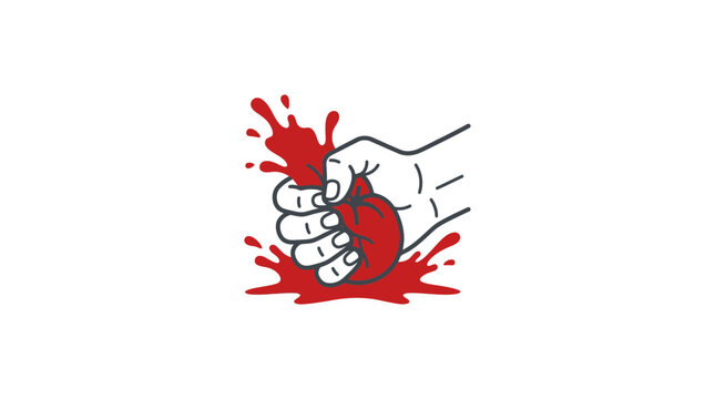 A stylized illustration of a human hand crushing a red heart causing blood splatter.
