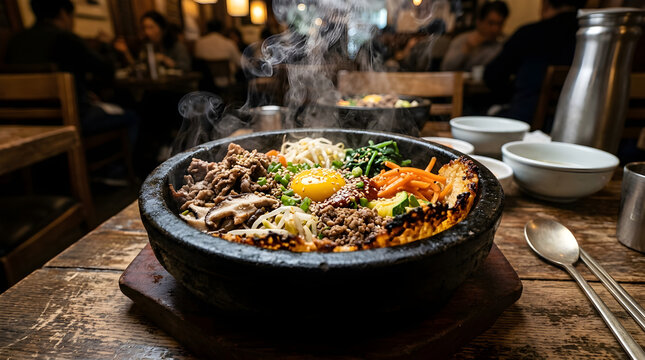 A steaming Korean bibimbap dish, a complex culinary 3D GIS Terrain, reveals vibrant DEM and DSM-like contours from its rich, layered ingredients on a rustic table
