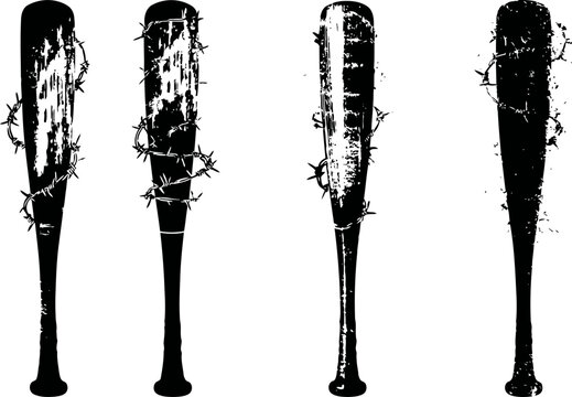 Set of grunge baseball bats with barbed wire wrapped around vintage distressed weapon illustrations for danger and aggression concept