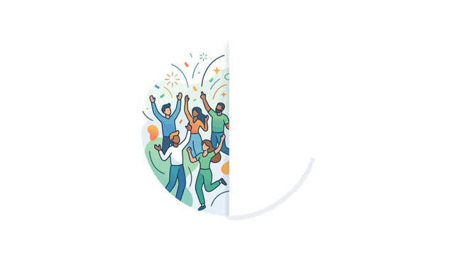 A diverse group of people celebrating together in a stylized circular illustration.