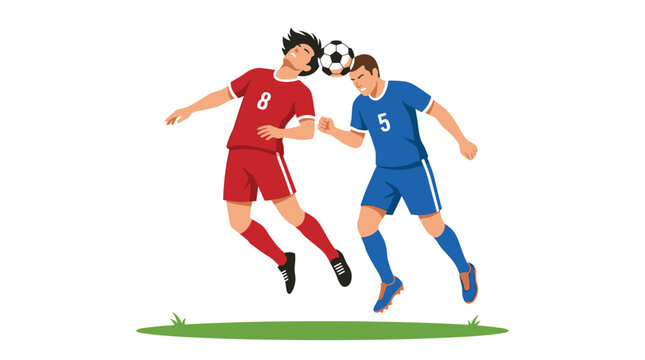 Two soccer players wearing red and blue jerseys jump to head the ball simultaneously on a small patch of grass against a white background.