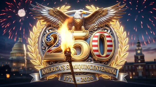 Celebrating America's Semiquincentennial with Fireworks and patriotic symbols from 1776 to 2026