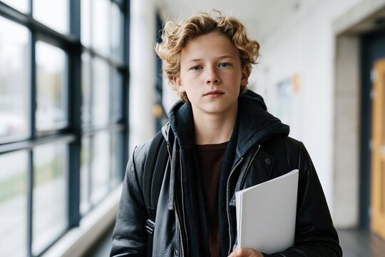 Teenage student holding book in hallway