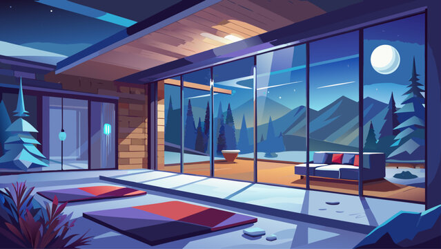 Realistic vector illustration of contemporary room with large glass window overlooking snowy night landscape, moonlight reflections on interior glass wall, calm atmosphere