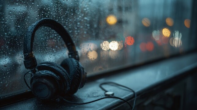 Headphones resting on a windowsill during a rainy day. Melancholy mood with blurry city lights reflecting on glass. Musical atmosphere, solitude and creative inspiration concept.