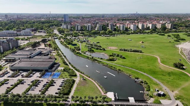 Aerial view of Wake Park canal and Ribersborg park in Malmo, Sweden