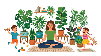 Fototapeta premium A serene woman performs yoga meditation surrounded by numerous lush green houseplants while her children play happily in a bright home space.