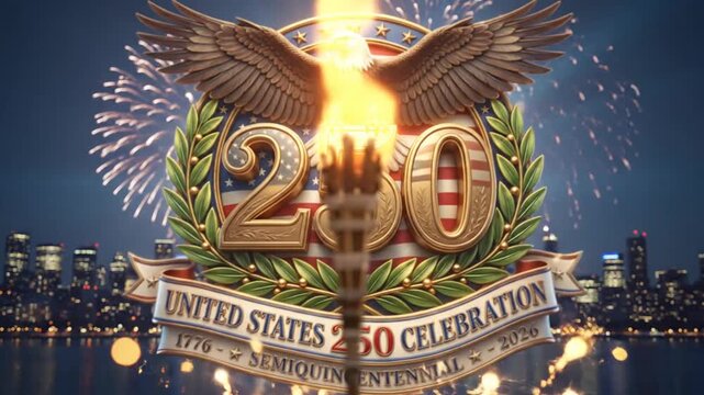 Colorful Firework display celebrating 250 years of US independence with fireworks and patriotic logos