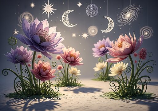 Whimsical celestial flowers with hanging moons and stars in a dreamy landscape
