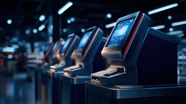 Modern self checkout kiosks with glowing screens in a dark retail store, smart shopping future