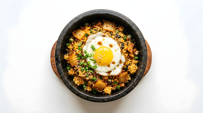 Delicious Korean Bibimbap served in a Stone Bowl, topped with a Fried Egg and Green Onions, A Savory and Nutritious Meal