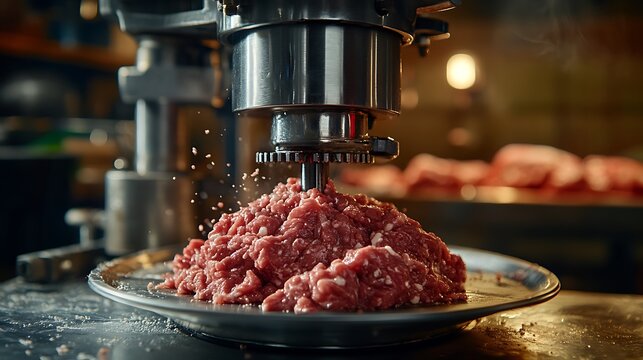 Industrial Meat Grinder Processing Fresh Minced Beef.