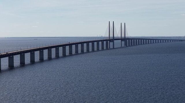 Aerial shot of Oresund Bridge between Denmark and Sweden