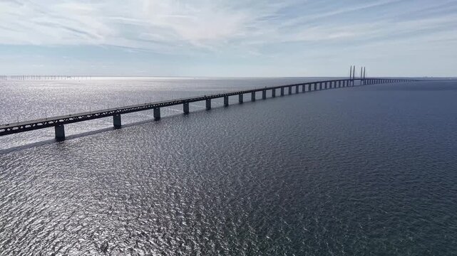 Drone view of Oresund Bridge between Denmark and Sweden