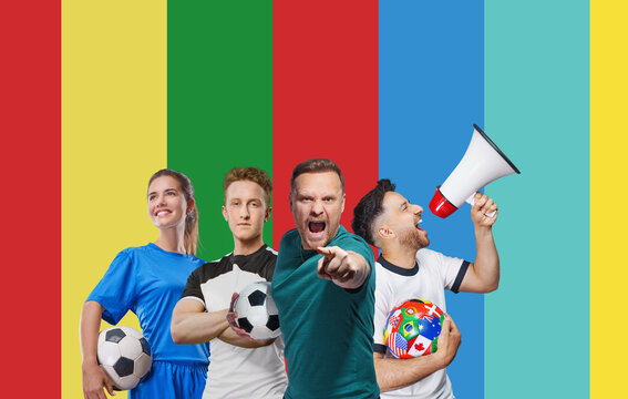 soccer fan or trainer with ball in hand celebrating on isolated on free PNG background