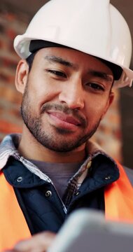 Builder, online and happy man with tablet in building, search or safety inspection with info on web. Architect, thinking and person with tech for property development, reading and plan for project