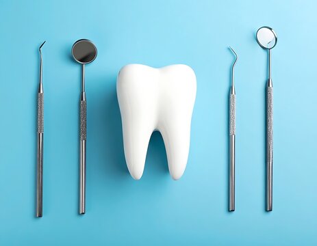 A white tooth model surrounded by dental tools on a blue background