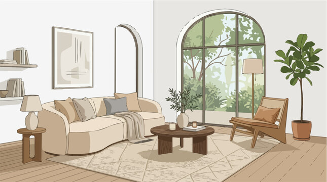 Modern and Cozy Living Room Interior Illustration with Beige Sofa and Arched Window.