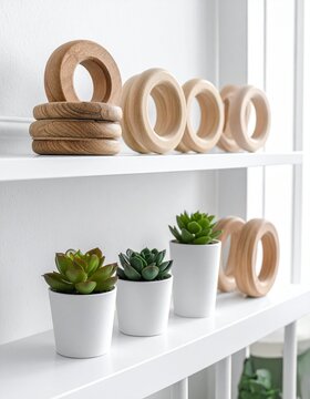 Stacking rings made of recycled rubberwood stand on a shelf alongside small potted succulents in a modern bright nursery room.