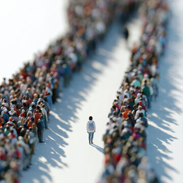 Person with a backpack walking alone between two large crowds of people, standing out concept. Tilt shift.