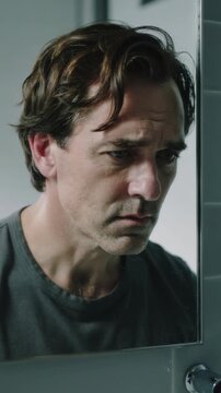 Mature man in grey t-shirt looking at his reflection in a bathroom mirror close up