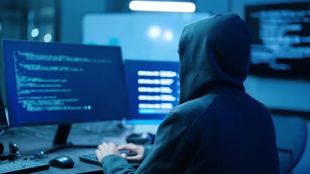 Back view of mysterious hooded hacker typing computer code on a keyboard in a dark room with multiple monitors, symbolizing cybercrime, cybersecurity threats, data breach, and software program.