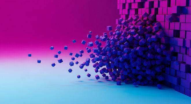 Abstract background with 3D purple cubes dissolving into particles dissolve abstract particle geometry background shattered conceptual structure creative fragmentation