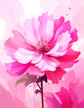 Vibrant Pink Blossom Blooming on Stem in Soft Watercolor Background