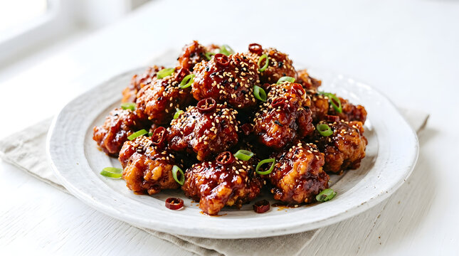 A tantalizing plate of crispy, glazed fried chicken, adorned with sesame seeds and fresh green onions, promises a delightful culinary experience