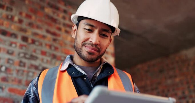 Tablet, man and happy at construction site with engineering app, internet or online schedule. Asian person, technology and space for project management, maintenance or renovation of building