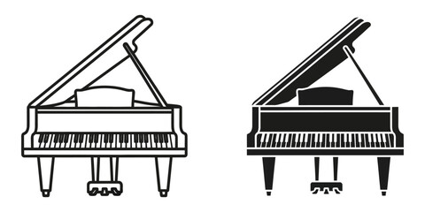 Grand piano outline and solid silhouette set on a white background for music and performance concepts © MAJEDA STOCK