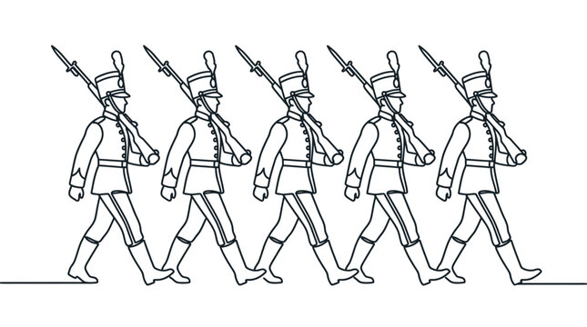 Continuous line drawing of a group of soldiers marching in a row.