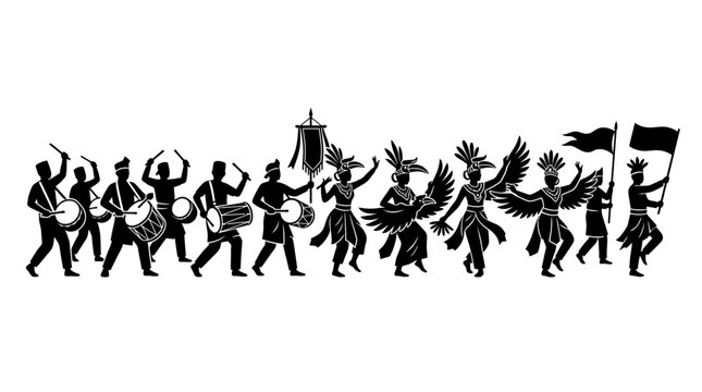 A black silhouette illustration of a festive parade with musicians and dancers.