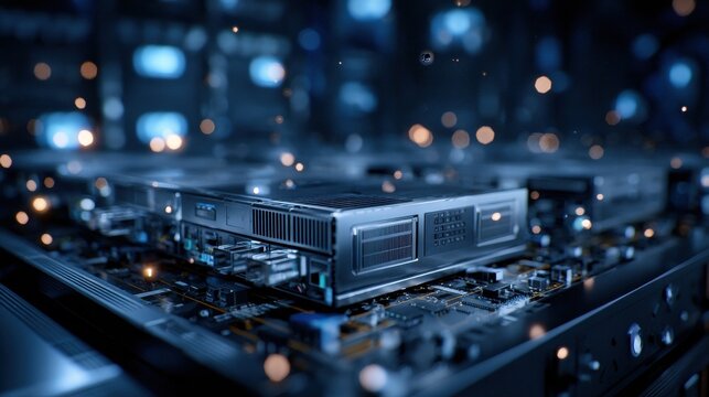 Cutting edge server equipment in a high tech data center processing vital digital information.