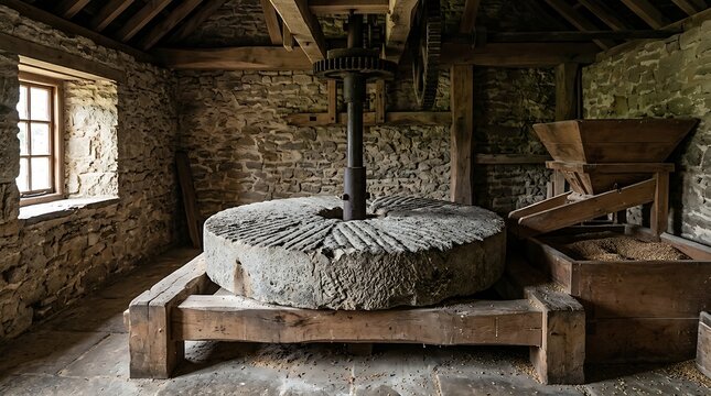 Antique Millstone and Grain Processing Equipment Inside a Historic Stone Grist Mill