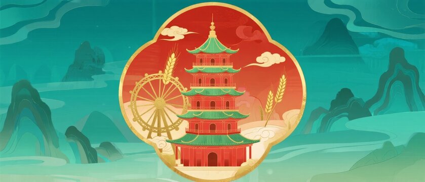 Bamboo frame round window ink painting Jiangnan pavilion lake evening scene