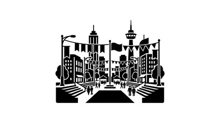 Fototapeta premium Black and white silhouette illustration of a festive city street with bunting and buildings.