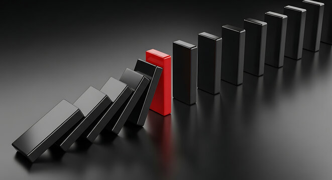 Red domino tile stopping the chain reaction effect with reaction business strategy management leadership planning development standing competition decision