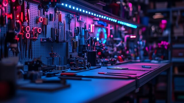 Neon Workbench With Tools And Workshop Background.