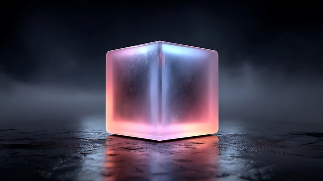 Glowing glass cube on dark floor, pink blue light reflection, smoke fog effect.