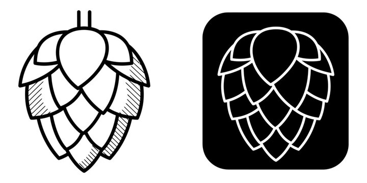 Hops cone graphic with clean lines on white and black backgrounds for brewing concepts