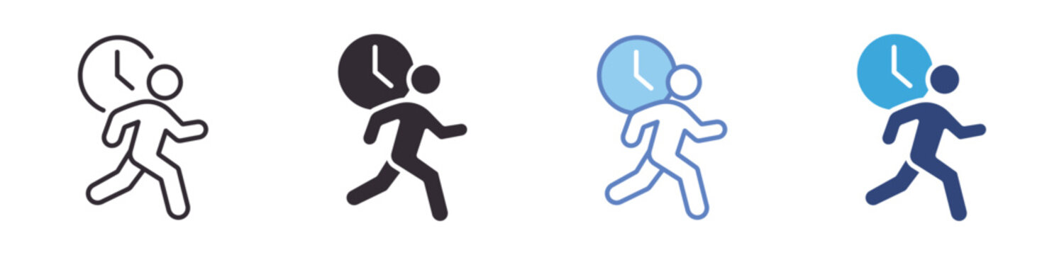 Running Against Time Icon Set, person running with clock concept, urgency and deadline pressure, time management and speed, vector icons