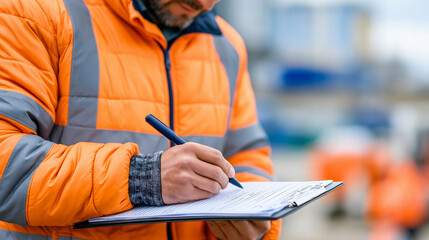 Naklejka na ściany i meble Faceless safety officer writing notes on a permit-to-work form at a defocused construction site, safety permit, job hazard analysis, risk assessment documentation, site