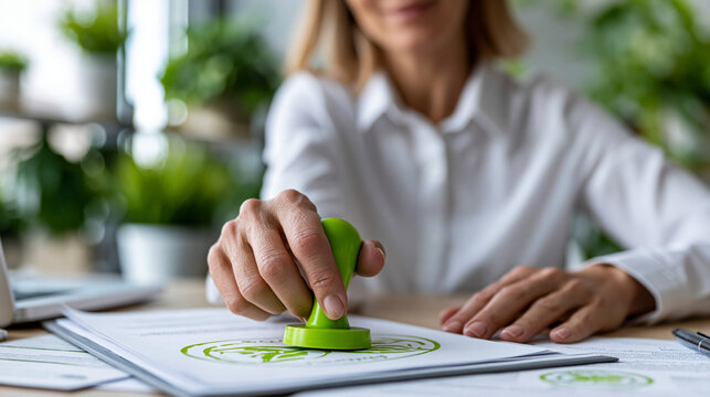 Faceless compliance officer stamps official environmental certification on printed documents in a modern green office, environmental certification, compliance approval,