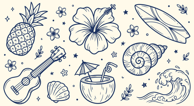 Hand drawn tropical summer beach doodle collection featuring pineapple hibiscus flower surfboard coconut ukulele seashell ocean wave vacation travel island holiday elements for tourism design