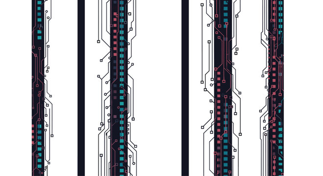 Vertical strips of digital circuit board designs with colorful square pixels and network paths on a white background.